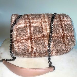 ZARA Shearling Crossbody Flap Bag Chain Strap Purse Beige Boho Winter Balletcore
